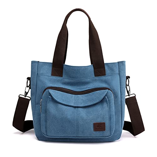 PORRASSO Damen Umhängetasche Canvas Schultertasche Handtasche Hobotasche Tote Mädchen Crossbody Bag für Shopping Reisen Arbeit Täglicher Gebrauch Blau von PORRASSO