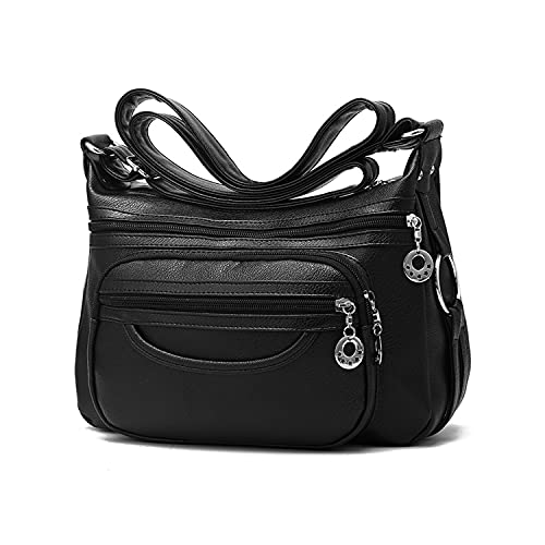 PORRASSO Damen Umhängetasche Multi-Tasche Wasserdicht Schultertasche Messenger Bag PU Handtasche für Arbeit Reisen Einkaufen Täglichen Gebrauch Schwarz von PORRASSO