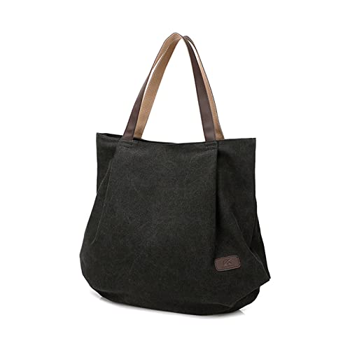 PORRASSO Große Schultertasche Canvas Hobo Taschen Damen Handtasche Fraue Shopper Tote Henkeltasche für Schule Reisen Arbeit Täglicher Gebrauch Schwarz von PORRASSO