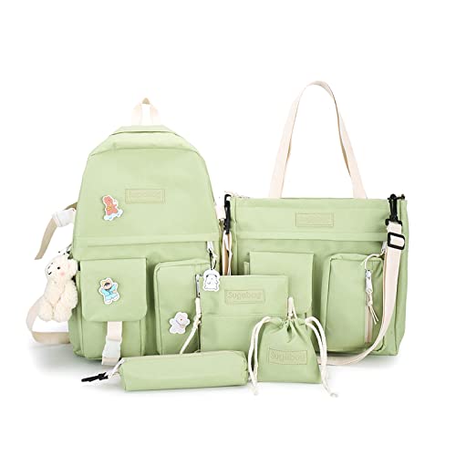 PORRASSO Mädchen Schulrucksack Set 5 - teilig Rucksack Schulranzen Teenager Rucksäcke Umhängetasche Schultertasche für Schule Reise Wandern Camping Grün von PORRASSO