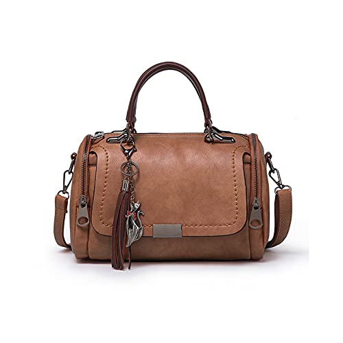 PORRASSO Retro Handtasche Damen Umhängetaschen Frauen Schultertaschen Wasserdicht PU Leder Henkeltasche Arbeit Reise Verabredung Boston Tasche Dunkelbraun von PORRASSO