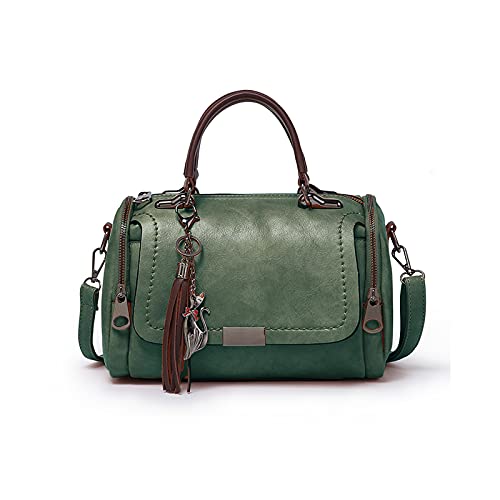 PORRASSO Retro Handtasche Damen Umhängetaschen Frauen Schultertaschen Wasserdicht PU Leder Henkeltasche Arbeit Reise Verabredung Boston Tasche Grün von PORRASSO