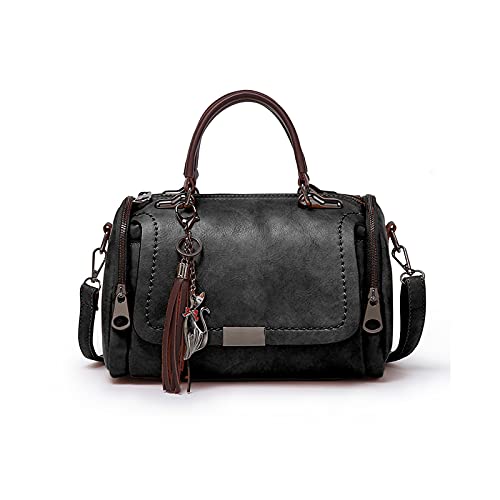 PORRASSO Retro Handtasche Damen Umhängetaschen Frauen Schultertaschen Wasserdicht PU Leder Henkeltasche Arbeit Reise Verabredung Boston Tasche Schwarz von PORRASSO