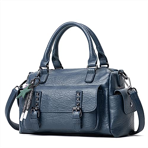 PORRASSO Retro Handtasche Damen Umhängetaschen Frauen Schultertaschen mit Anhänger Wasserdicht PU-Leder Henkeltasche Arbeit Reise Verabredung Boston Tasche Blau PORRASSO Retro Handtasche Damen Umhängetaschen Frauen Schultertaschen mit Anhänger Wasserdicht PU-Leder Henkeltasche Arbeit Reise Verabredung Boston Tasche Blau von PORRASSO