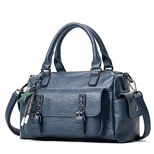 PORRASSO Retro Handtasche Damen Umhängetaschen Frauen Schultertaschen mit Anhänger Wasserdicht PU-Leder Henkeltasche Arbeit Reise Verabredung Boston Tasche Blau von PORRASSO