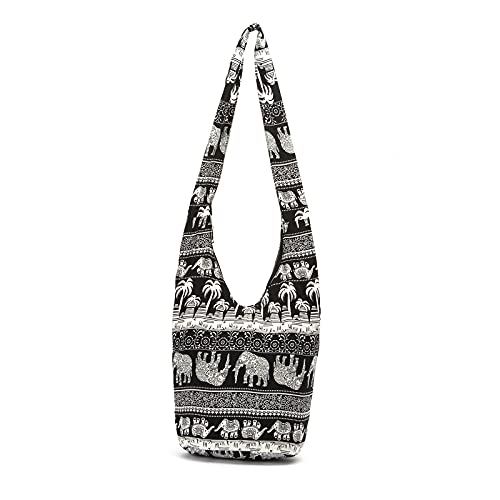 PORRASSO Schulterbeutel Damen Umhängetasche Leicht Schultertasche Hippie Baumwoll-Tasche für Reise Strandschule Wandern Picknick Schwarz PORRASSO Schulterbeutel Damen Umhängetasche Leicht Schultertasche Hippie Baumwoll-Tasche für Reise Strandschule Wandern Picknick Schwarz von PORRASSO