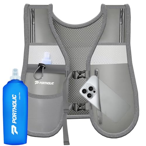 PORTHOLIC Laufweste für Damen Herren mit 470ml Wasserflasche – Hydrationsweste Reflektierend, Atmungsaktiv & Leicht – Verstellbare 6-Taschen-Laufgurt – Ideal für Laufen, Wandern, Outdoor-Sport PORTHOLIC Laufweste für Damen Herren mit 470ml Wasserflasche – Hydrationsweste Reflektierend, Atmungsaktiv & Leicht – Verstellbare 6-Taschen-Laufgurt – Ideal für Laufen, Wandern, Outdoor-Sport von PORTHOLIC