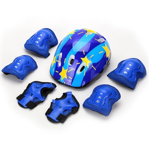 7 Stück Kinder Knieschoner Set Kinderhelm mit Schutzausrüstung Schonerset Protektoren Helm für Skateboard Fahrrad Skate Rollschuh Kopfumfang (Blau) von PORUPAEL