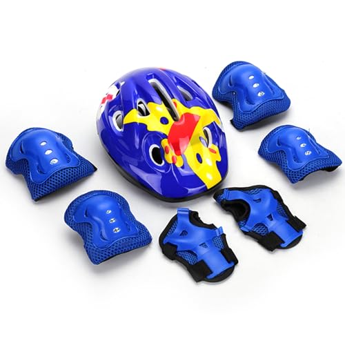 7 Stück Kinderhelm mit Ellbogenschoner, Protektoren Kinder Knieschoner Set, Schonerset Kinder Schützer inliner, Knieschoner Handgelenkschoner für Fahrrad Roller Skateboard Rollschuh (Blau) von PORUPAEL