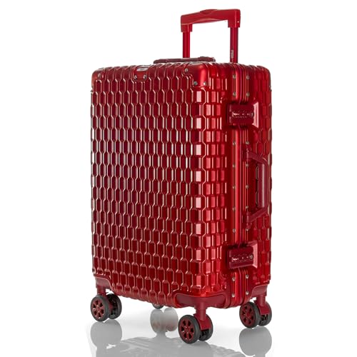 POSH Hartschalen-Trolley, Reisekoffer mit Aluminiumrahmen, Handgepäck auf 4 Rollen | Hartschalenkoffer aus Polycarbonat | Urlaubskoffer in den Größen M-L-XL-Set (Rot, L) von POSH