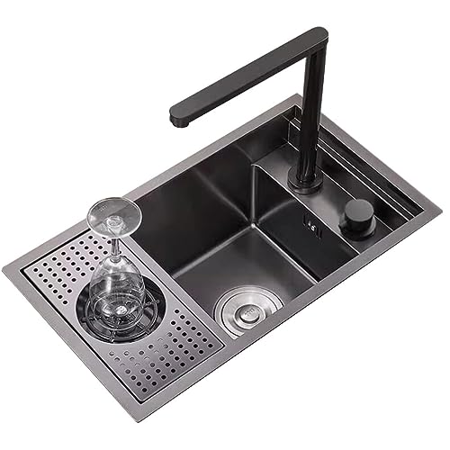 Unsichtbare Spüle aus Edelstahl mit Glaswaschmaschine, Café, Restaurant, Bar, verdecktes Waschbecken, kleines Waschbecken mit Abdeckung, platzsparender Hebehahn, Farbe: Schwarz, Größe: 58 x 32 x 23 cm von POVCZWXSS