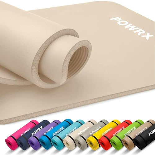 POWRX Gymnastikmatte I Yogamatte (Beige, 190 x 60 x 1.5 cm) Premium inkl. Tragegurt + Tasche + Übungsposter GRATIS I Hautfreundliche Fitnessmatte TÜV Süd bestätigt Phthalatfrei von POWRX