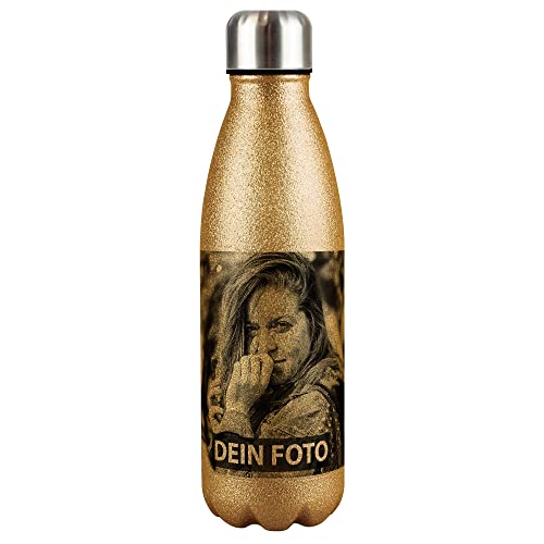 PR Print Royal Edelstahl-Trinkflasche Bedrucken - Glitzer-Trinkflasche personalisiert mit Foto - Thermosflasche, Wasserflasche BPA-frei, Camping, Schule | Personalisiertes Geschenk, Gold 500 ml von PR Print Royal