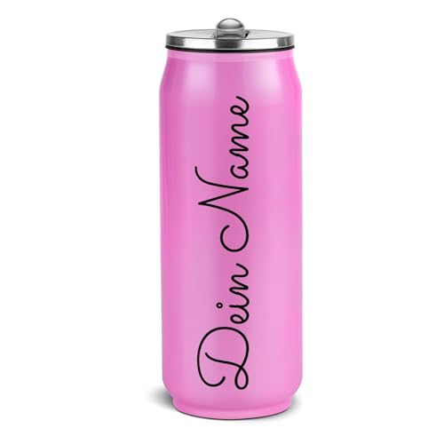 PR Print Royal Edelstahl-Trinkflasche personalisiert mit Name - Cola-Dosen-Optik, Geschenk für Freunde und Familie | Doppelwandig, Klappbares Mundstück mit Trinkhalm, Pink, ca. 420 ml von PR Print Royal