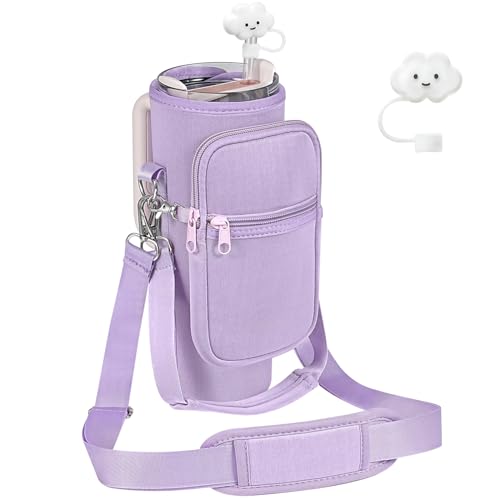 PRAGATISM Tragetasche für Wasserflaschen mit Tasche für Stanley 850 ml Becher mit Griff, Neopren-Wasserflaschenhalter mit verstellbarem 1,2 m Gurt, Flaschentasche für Stanley Cup-Zubehör (Orchidee) von PRAGATISM