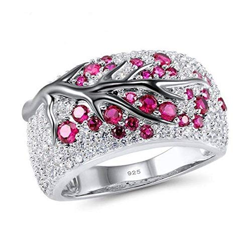 Damen 925 Sterling Silber Ringe,Vintage Fashion Pink Plum Werk Form Ring Für Damen Party Zubehör Vening Kleid Match Hochzeit, 8 (Durchmesser: 18,1 Mm) von PRAK