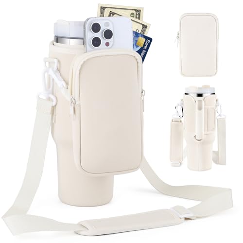PRAOAHEI Flaschenhalter mit Tasche, Kompatibel 40oz Thermoskannen mit Strohhalm und Deckel, Wasserflaschenhalter mit Verstellbarem Riemen, Geeignet Zum Wandern Laufen Radfahren-Cream Weiß PRAOAHEI Flaschenhalter mit Tasche, Kompatibel 40oz Thermoskannen mit Strohhalm und Deckel, Wasserflaschenhalter mit Verstellbarem Riemen, Geeignet Zum Wandern Laufen Radfahren-Cream Weiß von PRAOAHEI
