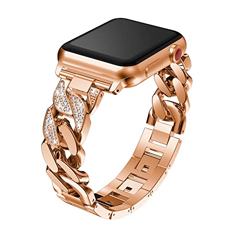 Metallarmband Kompatibel mit iWatch 7 Armband 45mm Metall Roségold, Edelstahl Armbänder Bling Strass Sport Watch Band Strap Kompatibel mit Apple Watch 42mm 44mm 45mm Armband Series 8 7 6 SE 5 4 3 2 1 von PRDECH