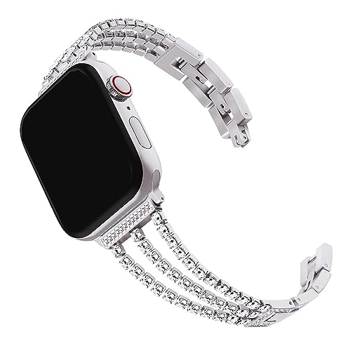 Silber Glitzer Metall Armbänder Kompatibel mit Apple Watch 8 41mm, Uhrenarmband Edestahl Ersatzband mit Strass Verstellbar Bracelet Kompatibel mit iWatch 38mm 40mm Armbänder Serie 9 8 7 6 SE 5 4 3 2 1 von PRDECH