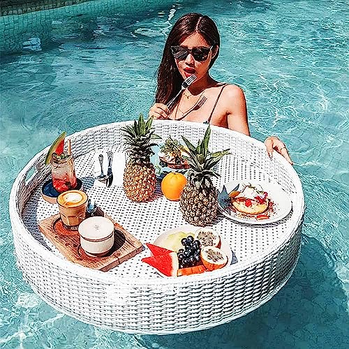 Swimming Pool Floating Tray Table,Rattan Woven Serving Tray,Swimming Pool Floats for Adults for Sandbars, Spas, Bath, and Parties | Floating Tray,60cm-White von PRESSLAY