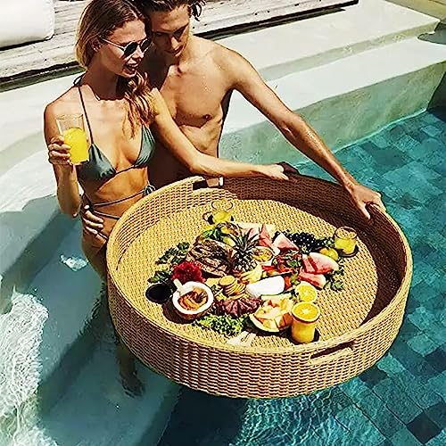 Swimming Pool Floating Tray Table,Rattan Woven Serving Tray,Swimming Pool Floats for Adults for Sandbars, Spas, Bath, and Parties | Floating Tray,80cm-Beige von PRESSLAY