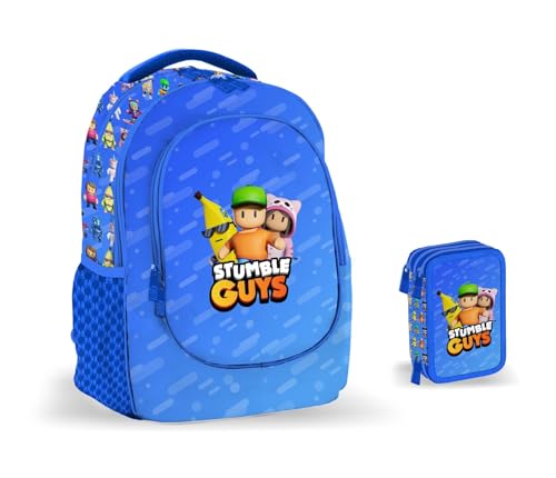 PRESTIGE & DELUXE Schulrucksack Stumble Guys rund 3 Fächer + Federmäppchen 3 Fächer komplett + Gratis 7 löschbare Stifte und Schlüsselanhänger Figur, mehrfarbig, standard, rucksack von PRESTIGE & DELUXE