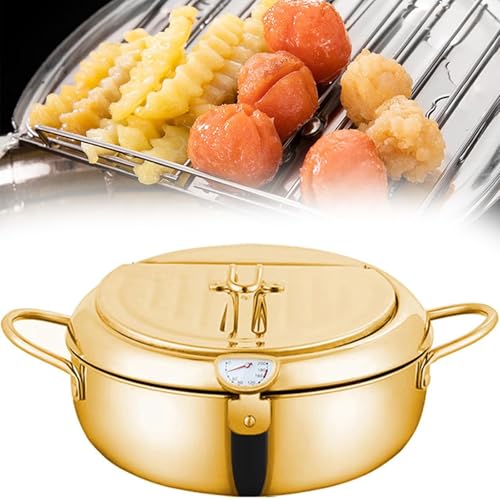 PRMTYUP 2025 Neuer Japanischer Frittiertopf, Frittiertopf Aus Edelstahl Mit Thermometer Und öLabtropfgestell, Tempura-Frittiertopf Im Japanischen Stil, FüR Den Heimgebrauch,Gold,28cm/11in von PRMTYUP