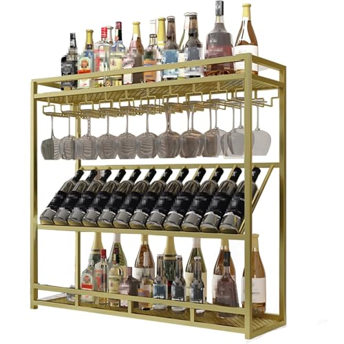 PRMTYUP An Der Wand Montiertes Weinregal, Modernes, GroßEs FassungsvermöGen Vollmetall-Weinregal Mit Flaschenhaltern, 3-Stufiges, Multifunktionales Weinregal, FüR Die Hausbar,Gold,150 * 25 * 100cm von PRMTYUP