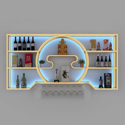 PRMTYUP Barregale Zur Wandmontage, Modernes Weinregal Wandmontage, Eisenbarregal Zur Aufbewahrung Von Spirituosen, Schwebende Weinregale Mit Led-Licht, FüR Die Dekoration,Gold,150cm/59in von PRMTYUP