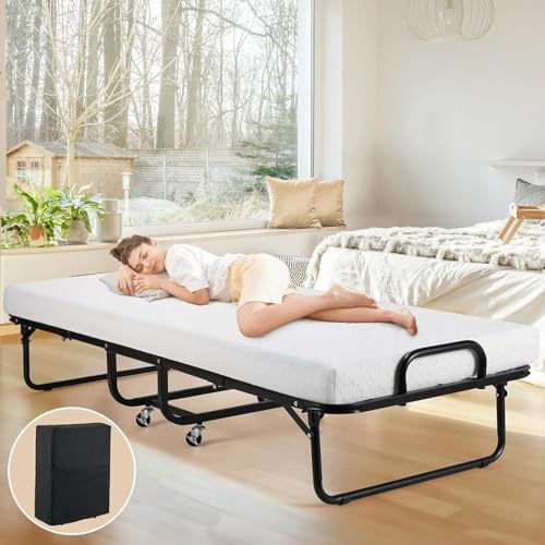 PRMTYUP Klappbett Mit Matratze, Mit Memory Foam-Matratze, Staubdichte Abdeckung, Tragbares Rollbett, Einfach Zu Verstauendes Klappbett,Weiß von PRMTYUP