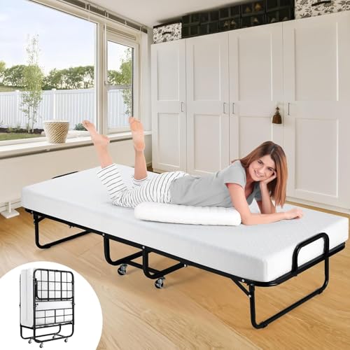 PRMTYUP Klappbett Mit Matratze, Tragbares Bett Mit Eisenrahmen, Mit Hochwertiger Memory Foam-Matratze, Für Schlafzimmer, Gästezimmer, Wohnung, Schlafsaal,Weiß von PRMTYUP