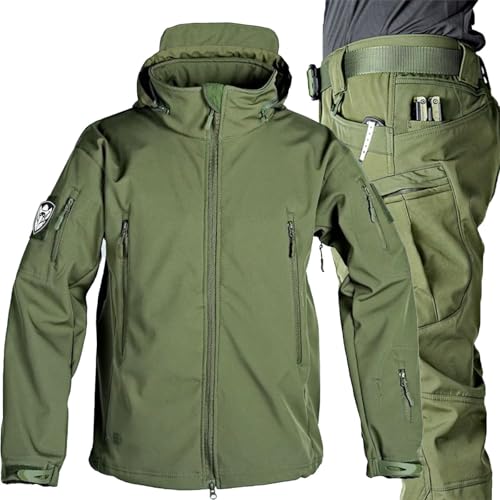 PRMTYUP MilitäRische Softshell-AnzüGe, Armee-Kampfanzug, Tarnjacke FüR Die Jagd Mit Abnehmbarer Kapuze, Fleece-Futter, Atmungsaktive ReißVerschlüSse Unter Den Armen,Grün,M von PRMTYUP