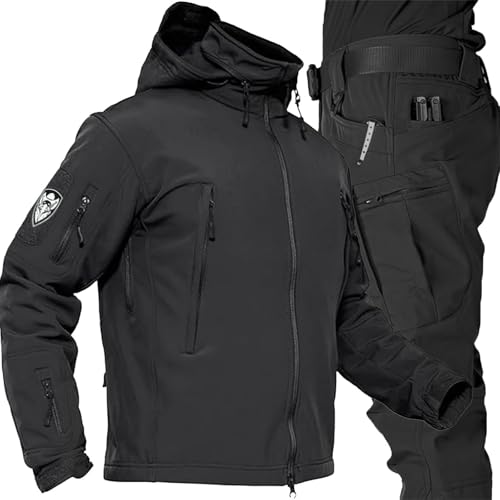 PRMTYUP MilitäRische Softshell-AnzüGe, Armee-Kampfanzug, Tarnjacke FüR Die Jagd Mit Abnehmbarer Kapuze, Fleece-Futter, Atmungsaktive ReißVerschlüSse Unter Den Armen,Schwarz,4XL von PRMTYUP