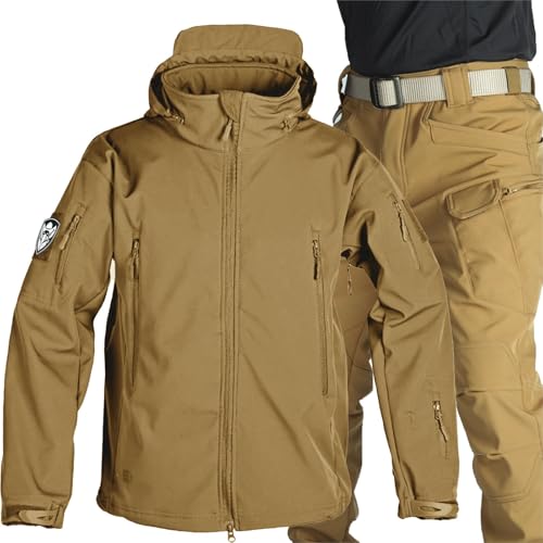 PRMTYUP MilitäRuniform FüR Herren, Taktische Jacke Und Hose FüR Herren, wasserdichte Armee-Kampfanzug-Sets, Abnehmbare Kapuze, Atmungsaktive ReißVerschlüSse Unter Den Armen,Khaki,4XL von PRMTYUP