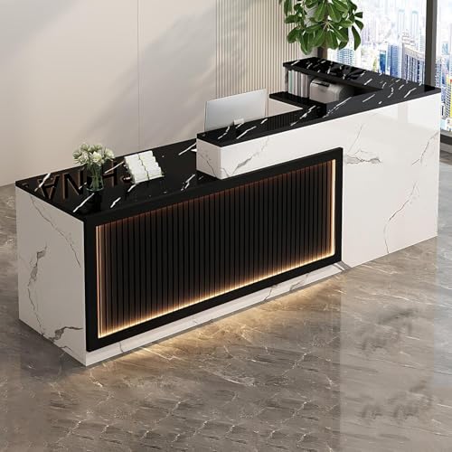 PRMTYUP Moderne Rezeption, Rezeptionstresen Mit Wellenpaneel Und Led-Lichtleiste, VerschließBare Schublade, FüR Salon-Empfangsraum KassenbüRo,01,140cm von PRMTYUP