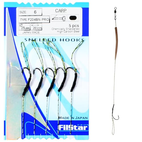 PRO FILSTAR Angelhaken Set 5 Stk, N6 mit Vorfach 20cm - Anti Tangle Sleeve & Wirbel - Flechtschnur - Angeln Karpfen Zubehör - Fishing Hook - Boilies & Pellet Haken - Sport Set Carp Rig – Vorfachschnur von PRO Filstar