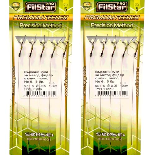 PRO FILSTAR Angelhaken Set mit Vorfach für Method Feeder 10 Stück, Größe 6, Monoschnur 10cm, Dia 0,25mm - Angeln Karpfen Zubehör - Hook with a Needle - Boilies Haken Set - Sport Set - Fishing Rig PRO FILSTAR Angelhaken Set mit Vorfach für Method Feeder 10 Stück, Größe 6, Monoschnur 10cm, Dia 0,25mm - Angeln Karpfen Zubehör - Hook with a Needle - Boilies Haken Set - Sport Set - Fishing Rig von PRO Filstar