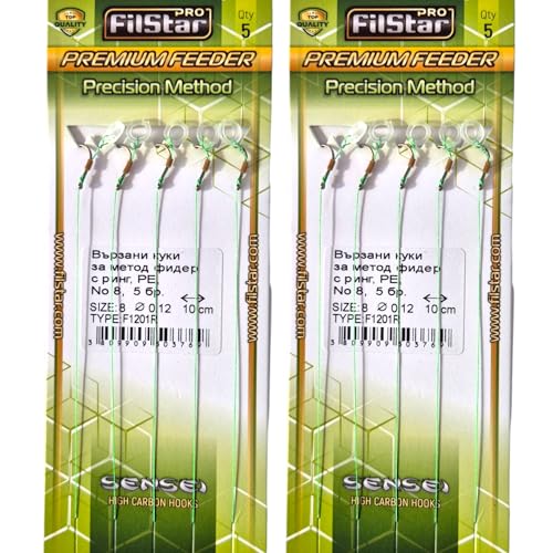 PRO FILSTAR Angelhaken Set mit Vorfach für Method Feeder 10 Stück, Größe 8, Flechtschnur 10cm, Dia 0,12mm - Angeln Karpfen Zubehör - Ringhaken für Pellets - Ring Hook - Rig Haken Set - Sport Set von PRO Filstar