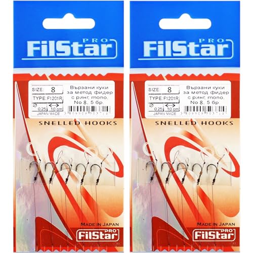 PRO FILSTAR Angelhaken Set mit Vorfach für Method Feeder 10 Stück, Größe 8, Monoschnur 10cm, DIA 0,25mm - Angeln Karpfen Zubehör - Ringhaken für Pellets - Ring Hook - Karpfen Rig Haken Set - Sport Set PRO FILSTAR Angelhaken Set mit Vorfach für Method Feeder 10 Stück, Größe 8, Monoschnur 10cm, DIA 0,25mm - Angeln Karpfen Zubehör - Ringhaken für Pellets - Ring Hook - Karpfen Rig Haken Set - Sport Set von PRO Filstar