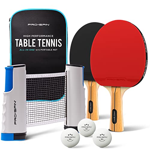 PRO-SPIN Tischtennisschläger Set - Mit Tischtennisnetz Für Jeden Tisch, Tischtennis bälle 3-Sterne, Tasche/Hülle | 2er-Set | Ausziehbares Mobiles Tischtennis Netz | Tolles Geschenk & Spiele von PRO SPIN