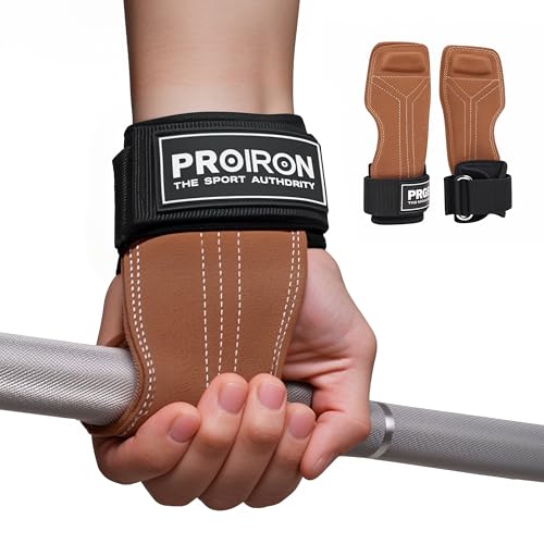 PROIRON Power Zughilfen Krafttraining, Fast Grip reines Rindsleder Zughilfe-Handgelenksbandage für Bodybuilding, Fitness, Krafttraining, Powerlifting - Lifting Straps für Frauen und Männer Braun-L von PROIRON