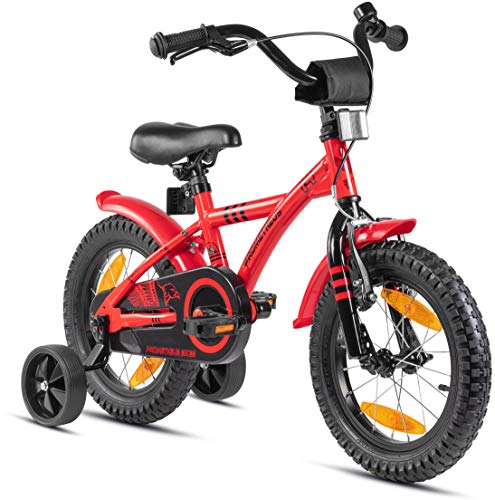 PROMETHEUS BICYCLES Kinderfahrrad 14 Zoll ab 4 Jahren - Kinder Fahrrad Mädchen Jungen Fahrrad Kinder mit Stützräder Rücktrittbremse in Rot von PROMETHEUS BICYCLES