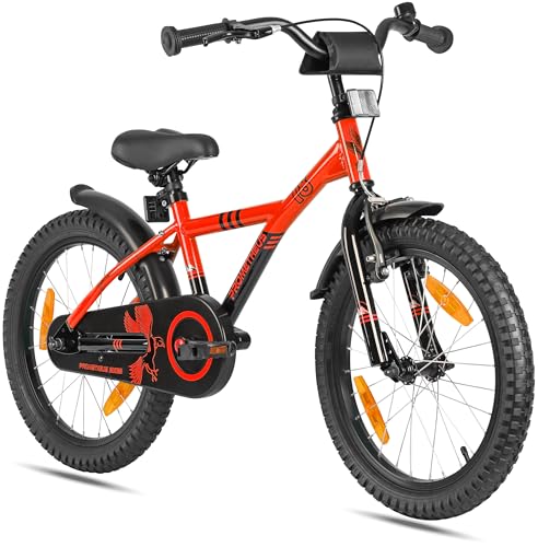 PROMETHEUS BICYCLES Kinderfahrrad 18 Zoll Jungen ab 6 Jahre - Kinder Fahrrad 18 Zoll Junge Mädchen Fahrrad Kinder mit Rücktrittbremse Fahrradständer in Rot Schwarz von PROMETHEUS BICYCLES