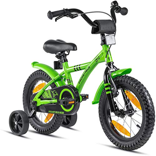 PROMETHEUS BICYCLES Kinderfahrrad 14 Zoll ab 4 Jahren - Kinder Fahrrad Mädchen Jungen Fahrrad Kinder mit Stützräder Rücktrittbremse in Grün von PROMETHEUS BICYCLES