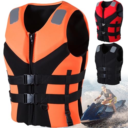 Schwimmweste, Neopren-Schwimmweste for Erwachsene, verstellbare Schwimmweste, Schwimmhilfe mit reflektierenden Streifen und Verstellbarer Schnalle for Segeln, Surfen, Kajakfahren(Orange,L(65-75KG)) von PRPRP