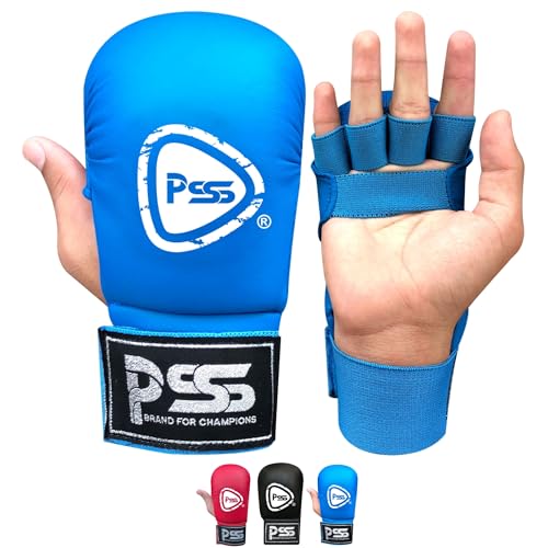 PSS Karate-Handschuhe für Kinder, für Boxen, Kampfsport, Jab, Training, Sparring, Junior-Pads, offene Fingerhandfläche, ohne Daumen, Schwarz, Blau und Rot, Farbe 1018 (1018 Blau, M) von PSS