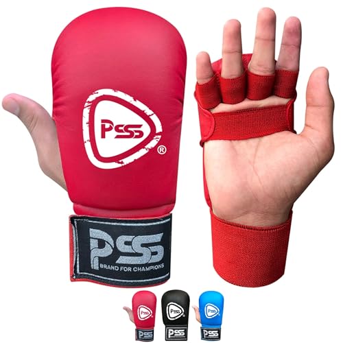 PSS Karate-Handschuhe für Kinder, für Boxen, Kampfsport, Jab, Training, Sparring, Junior-Pads, offene Fingerhandfläche, ohne Daumen, Schwarz, Blau und Rot, Farbe 1018 (1018 Rot, M) von PSS