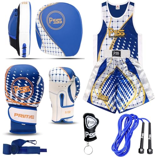PSS Kinder Boxset 3-14 Jahre 6 Stück Kurze Hose Shorts & Tank Top + Kinder Boxhandschuhe 4Oz + 2 Handpratzen + Zubehör Ausrüstung Boxen Englisch Kickboxen Muay Thai, Ref 1022 Blau Größe 5-6 Jahre PSS Kinder Boxset 3-14 Jahre 6 Stück Kurze Hose Shorts & Tank Top + Kinder Boxhandschuhe 4Oz + 2 Handpratzen + Zubehör Ausrüstung Boxen Englisch Kickboxen Muay Thai, Ref 1022 Blau Größe 5-6 Jahre von PSS