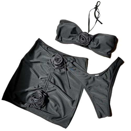 PTILSERY 3-teiliges Bandeau-Badeanzug-Set für Damen, mit Rückenband, zweiteiliges Neckholder-Badeanzug-Set mit gerüschtem Badeanzug, verdeckter Rock von PTILSERY