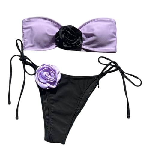 PTILSERY 3D-Blumen-Bandeau-Badeanzug für Damen, Schnürung, Bademode, 2-teilig, trägerlos, hoher Schnitt, Badeanzug, Strandmode von PTILSERY